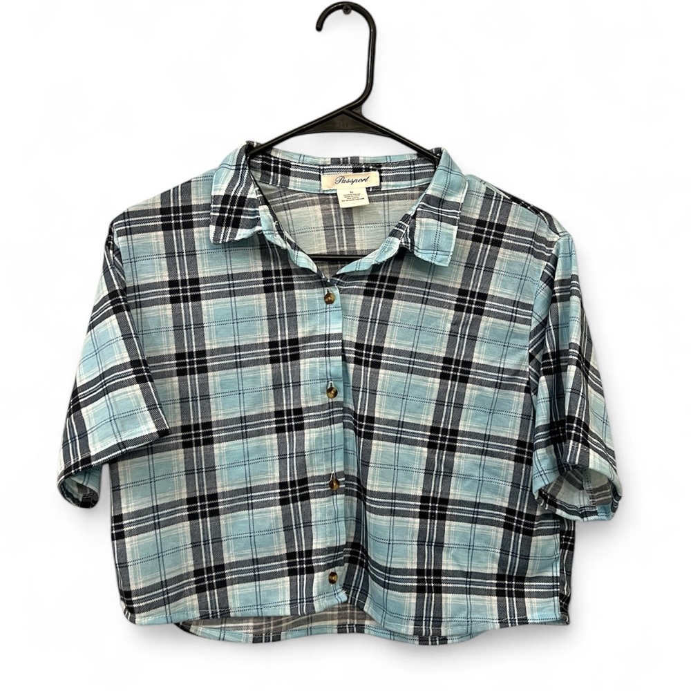 Passport Cropped Plaid Button-Up Shirt‎ Blue Black Size M